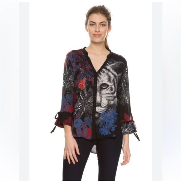 Desigual Women's Black and Blue Tiger Print Top, XS - Picture 1 of 7